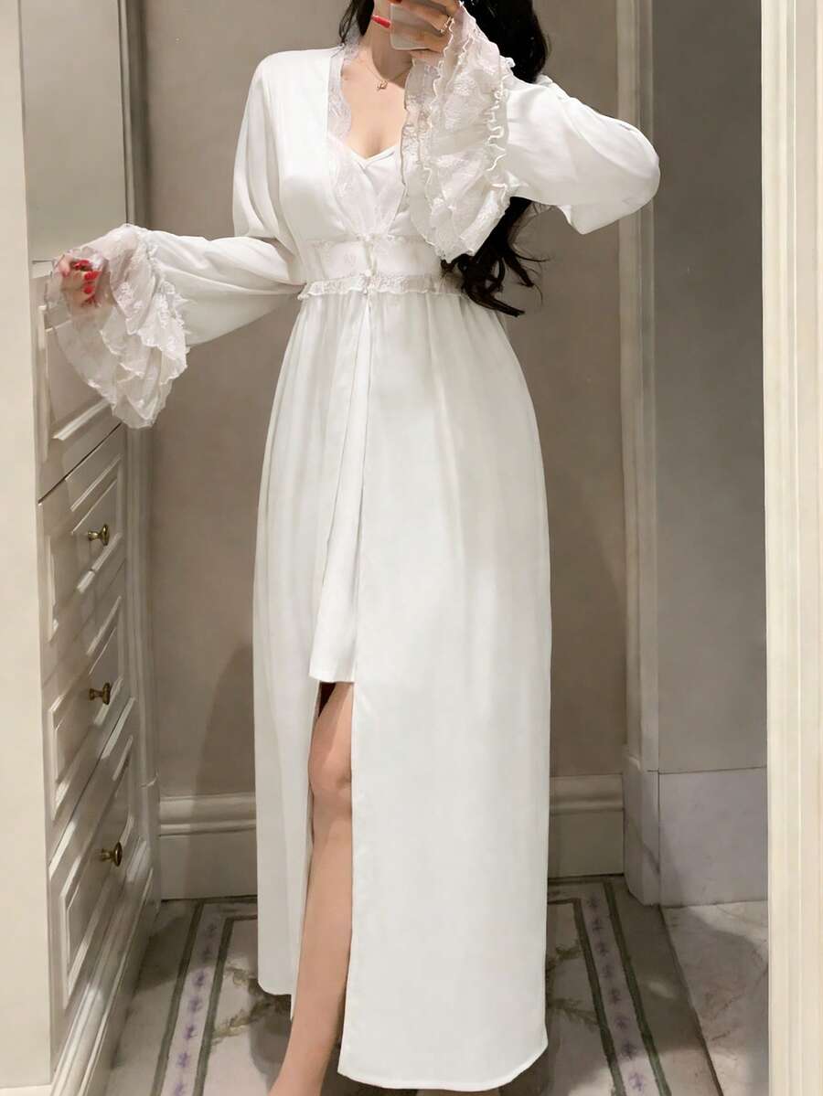 DAZY Women's Long Sleeve White Lace Patchwork Long Robe Sleepwear Cardigan, Spring - White - View 1