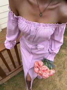 Livesso Rüschen-Saum Taille geraffte einfarbige Sommer Urlaubs Rosa Midi-Kleid für Frauen - Pink - Übersicht 4