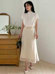 DAZY Women's Midi Mermaid Skirt With Sheer Mesh Overlay - Khaki - View 3