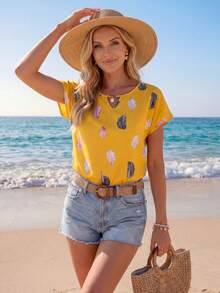 Sylviya Feather Print Keyhole Neckline Batwing Sleeve Blouse - Yellow - View 1