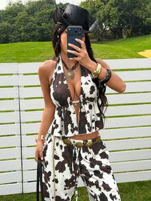 SHEIN EZwear Western Style Sleeveless Halter Backless Asymmetrical Print Summer Fashion Set - Mocha Brown - View 7