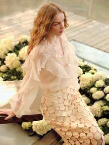 MOTF PREMIUM WOMEN'S V-NECK RUFFLE DESIGN LOOSE ROMANTIC LONG SLEEVE BLOUSE, SPRING/SUMMER - Apricot - View 4