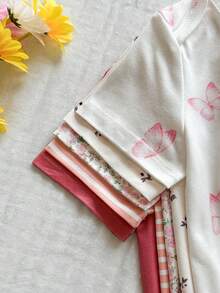 SHEIN Vintaside Kids 5件套女婴柔软舒适圆领纯色糖果连体衣，时尚休闲日常穿着，易于穿脱，短袖短裤款式，春夏款 - 彩色 - 查看 6