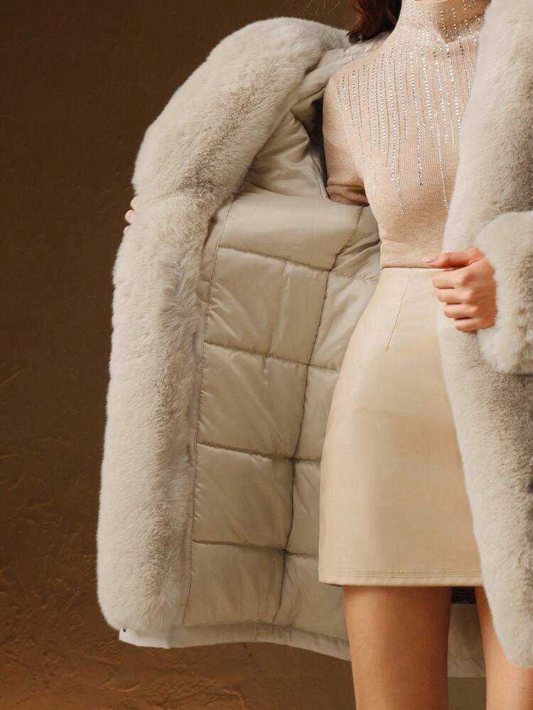 Abrigo parka con cintura ceñida, forro de piel esponjosa y larga, acolchado para mujer