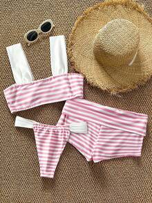 GlowEve Petite 女士条纹印花荷叶边上衣+三角裤+短裤三件套 - 粉色 - 查看 2