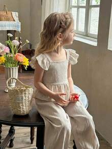 LMoss Kids 2pcs Young Girl Set: Woven Collared Ruffle Trim Blouse And Woven Loose Fit Pants - Apricot - View 6