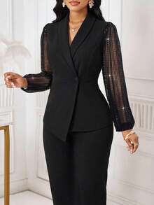 SHEIN Lady 女士纯色网纱拼接长袖西装外套和裤子优雅套装 - 黑色 - 查看 7