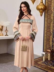 SHEIN Najma 女式方领系带缎面花卉饰边拼接腰部喇叭袖连衣裙 - 粉色 - 查看 7