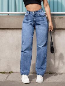 1 par de elegantes vaqueros de pierna ancha, con bolsillos delanteros y cierre de botón, la elección perfecta para el día a día. - Azul Lavado Oscuro 2030 - Ver 1