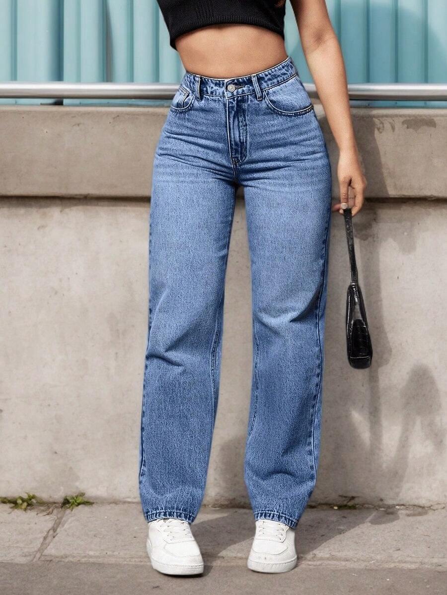 1 par de elegantes vaqueros de pierna ancha, con bolsillos delanteros y cierre de botón, la elección perfecta para el día a día. - Azul Lavado Oscuro 2030 - Ver 1