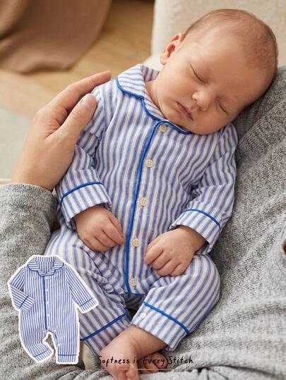 Cozy Pixies Newborn Baby Girl/Boy Striped Pattern Lapel Long Sleeve Jumpsuit, Versatile & Comfortable