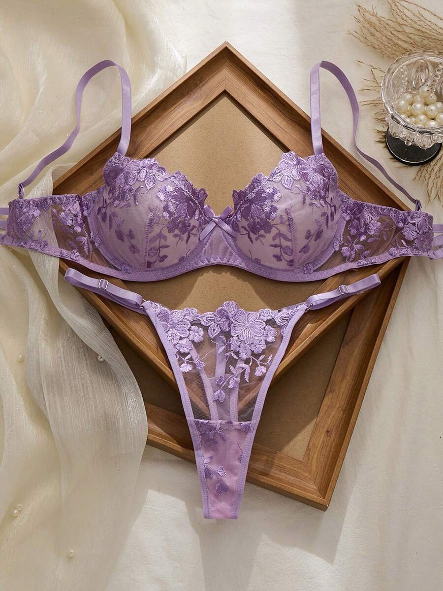 两件套网纱刺绣女士内衣套装 - 紫丁香色 - 查看 1