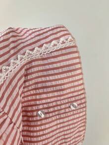 Elamini Women's Pink Striped Deep V-Neck Backless Side Splice Frill Trim Button Design Fitted Sexy Sweet Beach Vacation Blouse - Pink - View 5