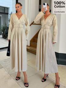 Siren Gaze 性感V领褶皱系腰长袍，休闲宽松高腰纯色长袍，适合办公室女士通勤，时尚单排扣腰带垂褶V领无袖女式连衣裙，独特假日派对装扮，复古秋冬女装 - 杏色 - 查看 7