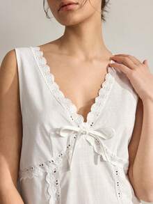 Ocili 100% Cotton Embroidered Floral Trim Sleeveless Short Dress With Front Opening, Comfortable Nightgown For Women - White - View 6