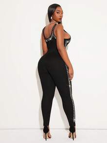 SHEIN SXY 大码方领无袖修身亮面连体裤 - 黑色 - 查看 2