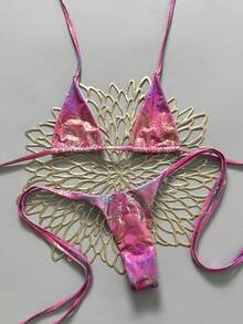 Swim SXY 性感泳装两件套，蛇纹挂脖三角文胸配侧系带丁字裤，春夏海滩度假 - 玫紅色 - 查看 3