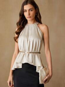 Aveloria EMERY ROSE Satin Textured Fabric, Waist Belt Decor, Elegant & Fashionable High-End Sleeveless Blouse For Women - Apricot - View 4