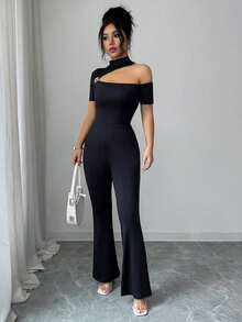 Elenzga 女士黑色高领金属纽扣不对称肩部修身连体裤，喇叭袖设计，优雅时尚，适合生日、约会、派对、正式场合、鸡尾酒会、音乐节、情人节、复活节、劳动节、返校季、光棍节、春夏等各种场合。 - 黑色 - 查看 8