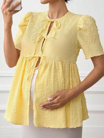 MaterniWear Áo cho bà bầu cổ tròn tay ngắn phồng buộc dây phía trước thời trang