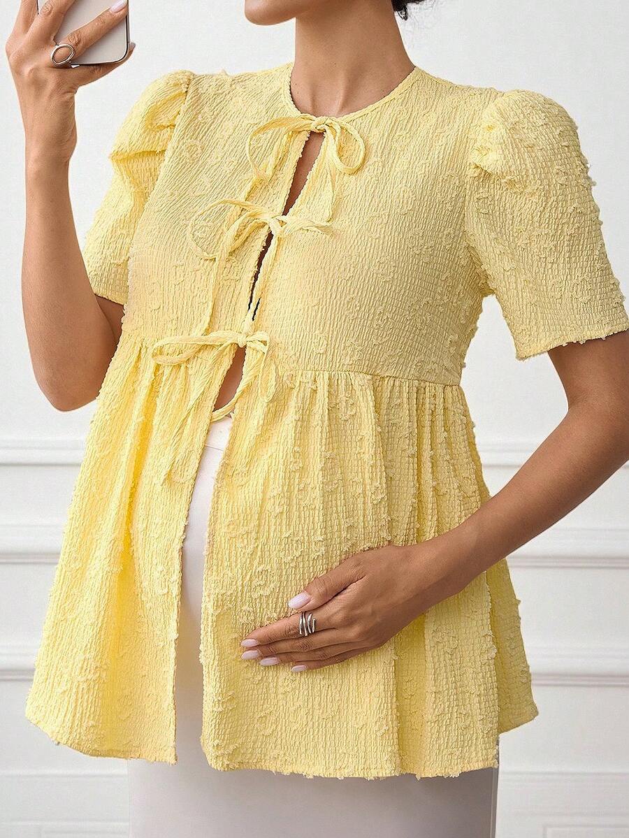 MaterniWear Áo cho bà bầu cổ tròn tay ngắn phồng buộc dây phía trước thời trang - Màu vàng - Xem 1