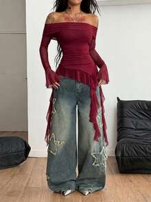 Coolane Camiseta blanca de hombros descubiertos con volantes y lazos, estilo urbano, de temporada, para festivales, conciertos country, Y2K, boho y gyaru para mujer - Burdeos - Ver 4