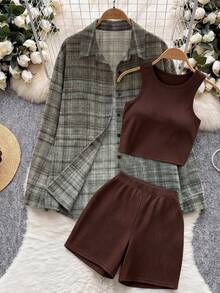 Franclia Plus Size Women 3-Piece Set: Casual Elegant Plaid Shirt + Vest + Cycling Shorts - Multicolor - View 1