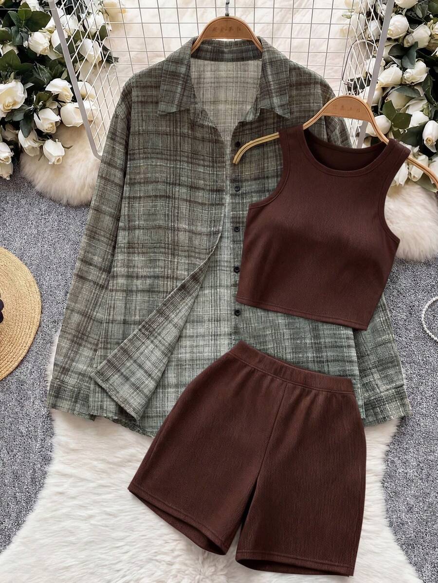 Franclia Plus Size Women 3-Piece Set: Casual Elegant Plaid Shirt + Vest + Cycling Shorts - Multicolor - View 1