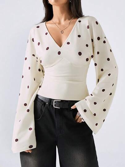 LYSMO 2026 New Arrive Minimalism Spring/Summer Women's Casual Commuter Polka Dot Print Flare Sleeve Top