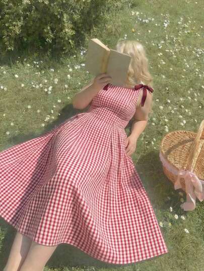 SHEIN MOD Plus Size Red Plaid Sleeveless Dress With Bow Decor And Flared Skirt, Suitable For Summer Holiday Outfits ,Red Dresses For Women,Elegant Dresses For Women,Wedding Party Dress,Valentine's Day Outfit,Spring Break Outfits Gingham Dress Checkered Dress Red And White Dress Picnic Dress Retro Dress Retro Dresses For Woman Cherry Dress Women Cottagecore Dress