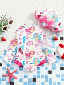 LMoss Kids 2pcs/Set Babygirl Cute Mermaid Print Swimsuit With Hat, Summer Holiday - Multicolor - View 2