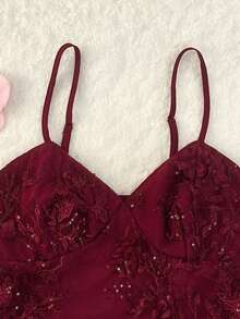 SHEIN LUNE Women's Elegant Embroidered Camisole Top  Summer Women Summer Red Summer Burgundy Top  Party - Red - View 3