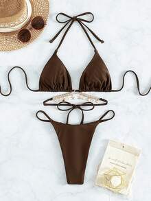 Swim SXY 纯色链条装饰比基尼套装，度假沙滩装 - 咖啡棕 - 查看 3
