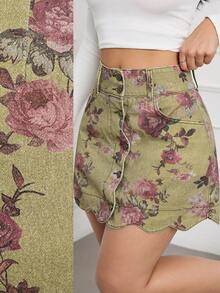 SHEIN Tall 夏季高个女士浪漫优雅夏季度假装扮婚礼及活动花卉印花贝壳边口袋修身牛仔迷你裙 - 綠色 - 查看 1