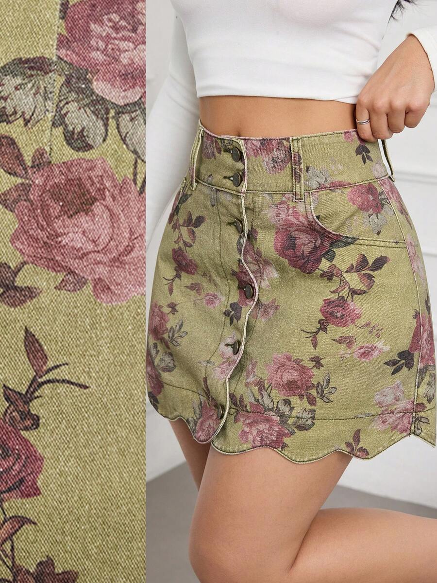 SHEIN Tall 夏季高个女士浪漫优雅夏季度假装扮婚礼及活动花卉印花贝壳边口袋修身牛仔迷你裙 - 綠色 - 查看 1