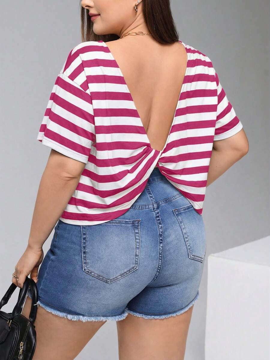 SHEIN Essnce Tricou de vară pentru femei plus size, casual, lejer, cu dungi, spate fără mâneci scurte, îmbrăcăminte de vară pentru femei, topuri drăguțe pentru femei, topuri de vară, top halter, top alb-negru, femei scurte, top scurt, tricou pentru femei, topuri pentru femei, ținute de vară - Roz fierbinte - Vizualizare 1