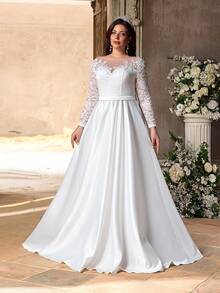 Aureia 大码优雅浪漫蕾丝点缀花卉薄纱长袖高领3D刺绣修身高腰超宽A字裙摆可拆卸夸张蝴蝶结新娘婚纱 - 白色 - 查看 7