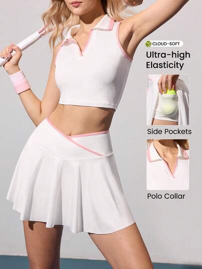 CourtClass 2pcs/Set Contrast Trim Sleeveless Half-Zip Short Casual Sports Tennis Outfit