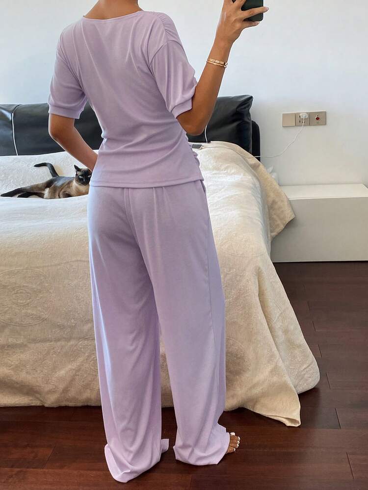 Solid Color Knit Pleated Short Sleeve & Long Pants Women Pajama Set