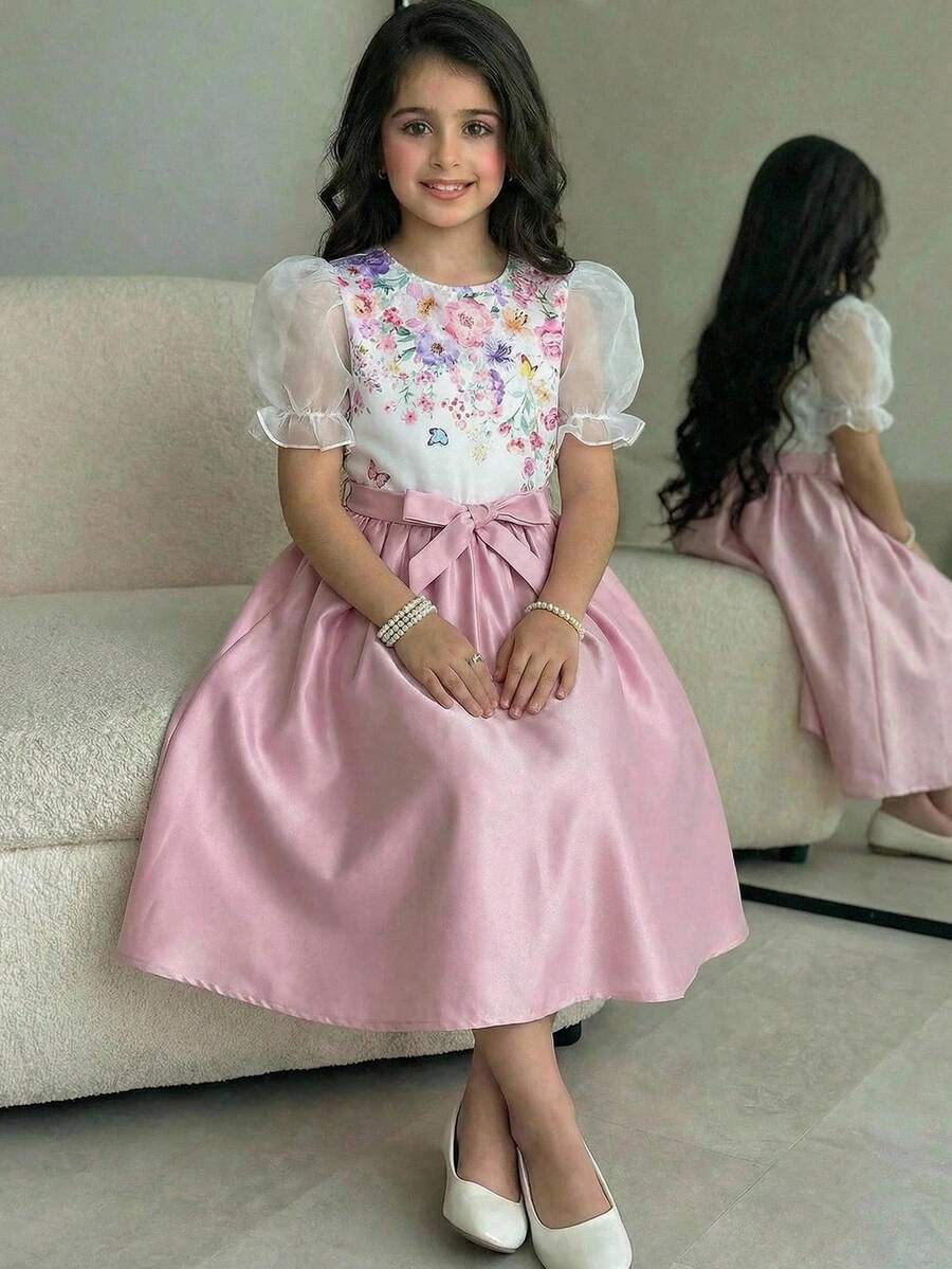 Tween Girl Casual Vacation Elegant Floral Print Puff Sleeve Shirt And Pleated Bowknot Waist Skirt Set, Pink - Pink - View 1