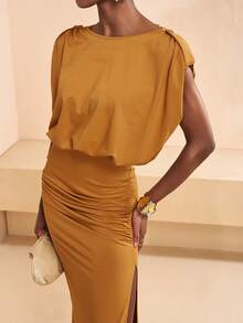 Zivah 2026 Spring New Arrival Mustard Yellow Boat Neck Sleeveless Elastic Knit Ruffle Decor Bodycon Split Fishtail Maxi Dress - Yellow - View 1