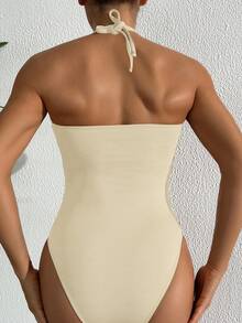 Swim Vcay 1 buah Baju Renang Terusan Tanpa Tali Motif Bintang Laut dan Kerang Berwarna Cokelat, Pakaian Liburan Elegan untuk Wanita - Krem - View 2