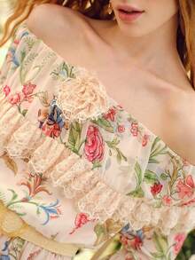 MOTF PREMIUM WOMEN'S OFF THE SHOULDER FLORAL LACE RUFFLE HEM WAIST CINCHED ROMANTIC SHORT DRESS, SPRING/SUMMER - Pink - View 7