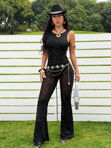 SHEIN EZwear Mesh & Sequin Sleeveless Bodycon Jumpsuit For Women - Black - View 3