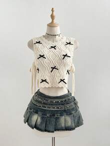 SHEIN Unity Women's Fashionable Elegant Versatile Round Neck Bow Tie Knitted Sweater Vest, Summer - Apricot - View 3