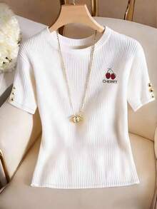 Resyla Women's Embroidered Ribbed Short Sleeve T-Shirt, Spring/Summer Clothing - White - View 1