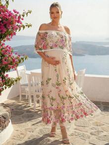 Loomaby 孕妇花卉刺绣网纱露肩优雅连衣裙 - 彩色 - 查看 5