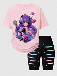 SHEIN ChillGRL Set 2 buc. tricou cu mânecă scurtă și imprimeu grafic la modă pentru adolescente, pantaloni scurți imprimați strâmți, ținută casual de stradă - Multicolor - Vizualizare 4