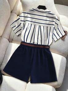 GlowEve 女士休闲条纹衬衫短裤两件套，夏季 - 黑與白 - 查看 2