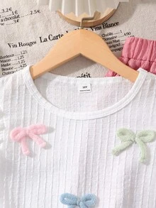 SHEIN Sparklyn 2件套女童休闲T恤套装，纯色喇叭袖纹理彩色纱线蝴蝶结上衣搭配阔腿裤，适合日常外出或海滩旅行。 - 粉色 - 查看 4